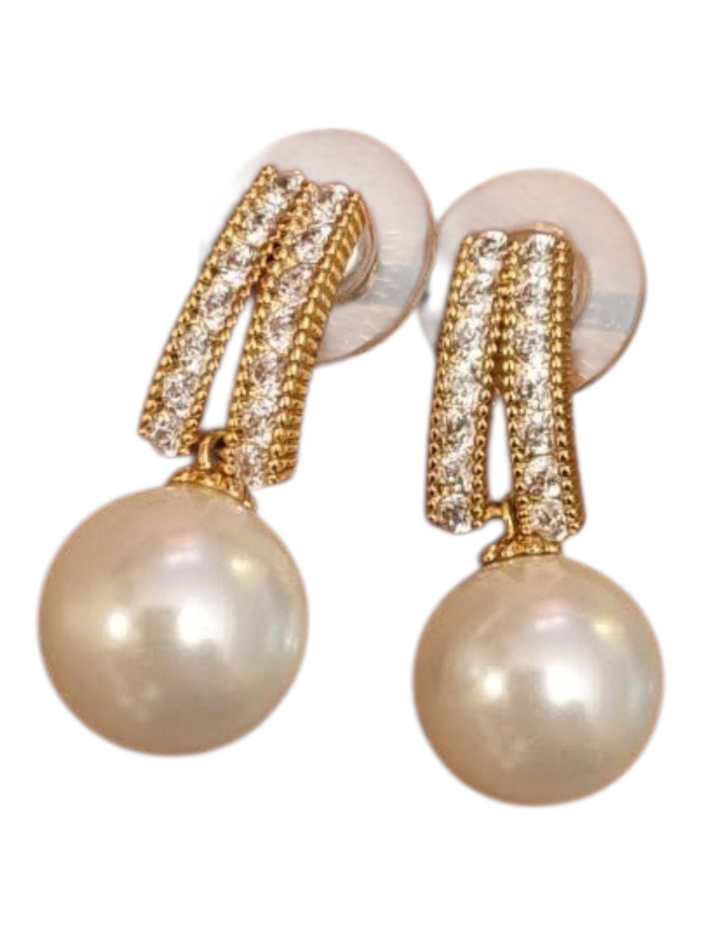 Gold Pearl Drop Earrings with AAA Cubic Zirconia Accents